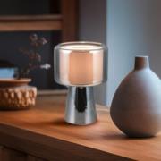 Rocka-pöytälamppu, kromi, korkeus 29 cm, lasi/kangas