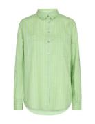 Kaia Stripe Linen Shirt Tops Shirts Long-sleeved Green MOS MOSH