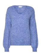 Kasarla V-Neck Pullover Tops Knitwear Jumpers Blue Kaffe