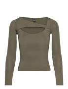 Cutout Top Tops T-shirts & Tops Long-sleeved Khaki Green Gina Tricot