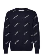 Les Deux Logo Cotton Knit Tops Knitwear Round Necks Navy Les Deux