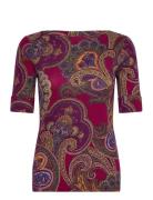 Paisley Cotton Boatneck Tee Tops T-shirts & Tops Short-sleeved Burgund...