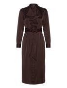 Ruffle-Trim Satin Charmeuse Shirtdress Polvipituinen Mekko Brown Laure...