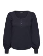 Stretch Cotton Puff-Sleeve Henley Top Tops Knitwear Jumpers Navy Laure...