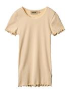 Rib T-Shirt Lace Ss Tops T-shirts Short-sleeved Yellow Wheat