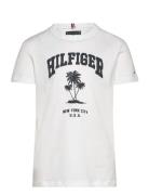 Hilfiger Palm Print Tee Ss Tops T-shirts Short-sleeved White Tommy Hil...