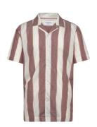 Striped Linen/Cotton Shirt S/S Tops Shirts Short-sleeved Brown Lindber...