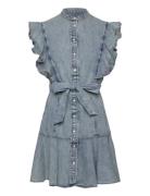 Belted Denim Flutter-Sleeve Shirtdress Lyhyt Mekko Blue Lauren Ralph L...