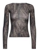 Slim Fit Printed Long-Sleeved Boat-Neck Top Tops T-shirts & Tops Long-...