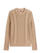 Tjm Slm Badge Cable Knit Sweater Tops Knitwear Round Necks Beige Tommy...