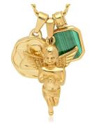 Men's Gold Talisman Necklace With Angel And Malachite Pendant Kaulakor...