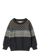 Jaquard Pullover Julius Tops Knitwear Pullovers Navy Wheat