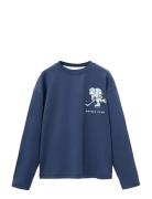 Printed Cotton-Blend T-Shirt Tops T-shirts Long-sleeved T-shirts Navy ...